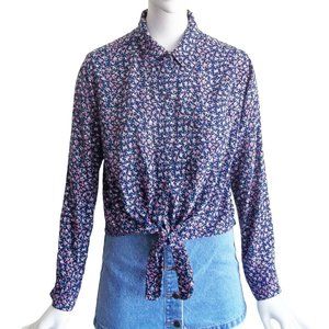 RAILS Cottagecore Tiny Ditsy Floral Waist Tie Navy Rayon Challis Blouse Shirt XS